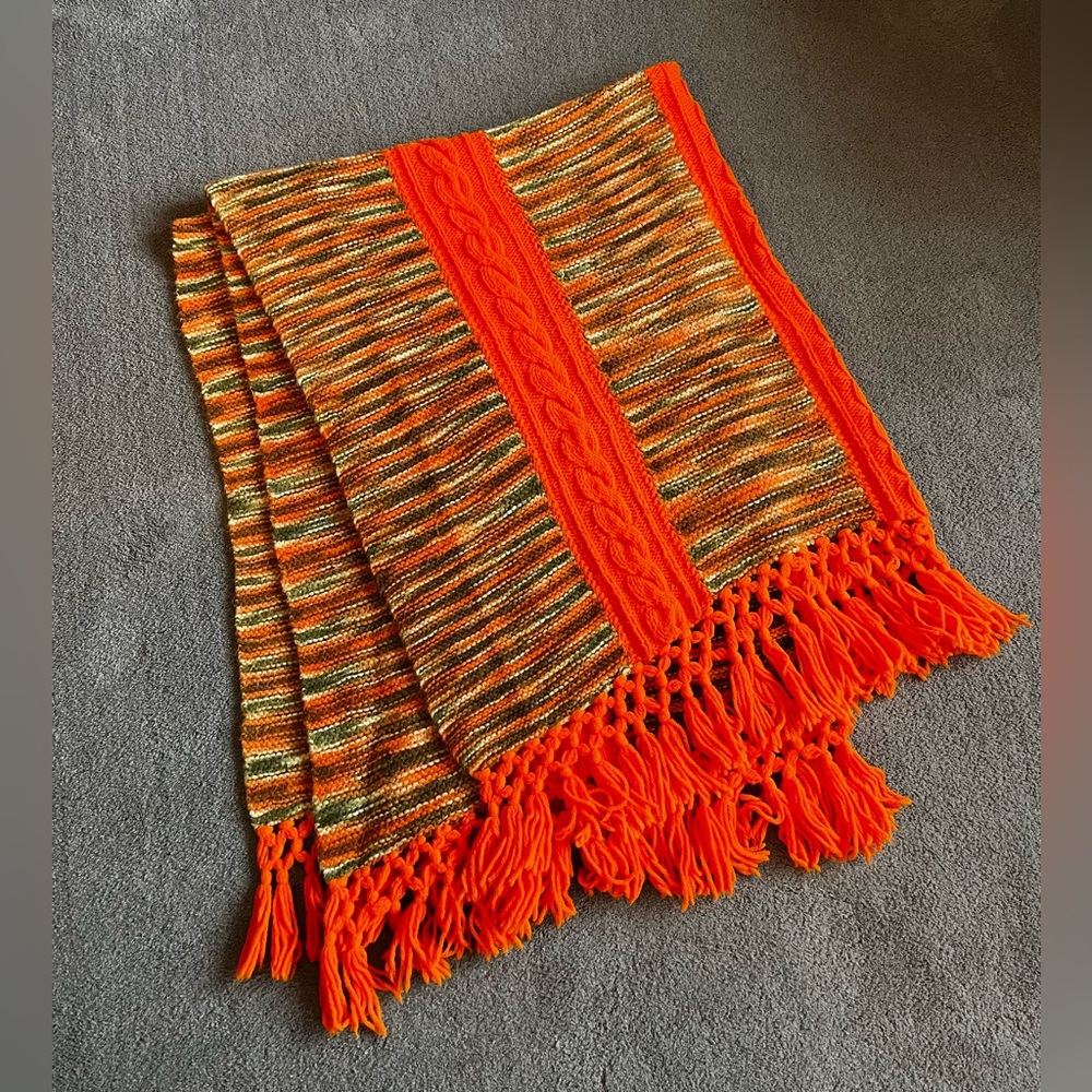 Vintage 70’s Style Fringe Afghan Orange Throw Blanket